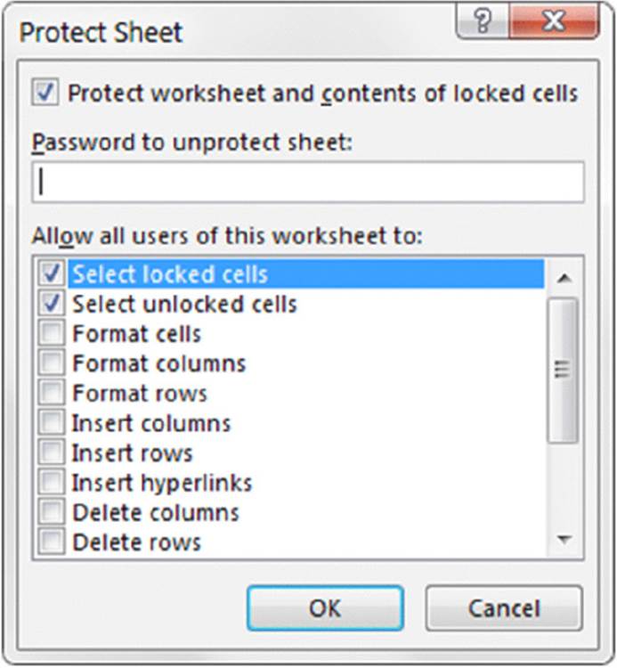 Screenshot shows a dialog box titled protect sheet, text field for entering password, check boxes for selecting unlocked and locked cells, formatting, inserting and deleting columns and rows along with OK and cancel buttons.