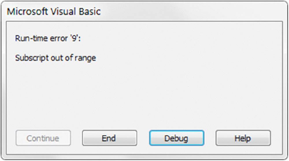 Screenshot shows a dialog box with title Microsoft visual basic, message run-time error 9: subscript out of range and active buttons for end, help and debug.