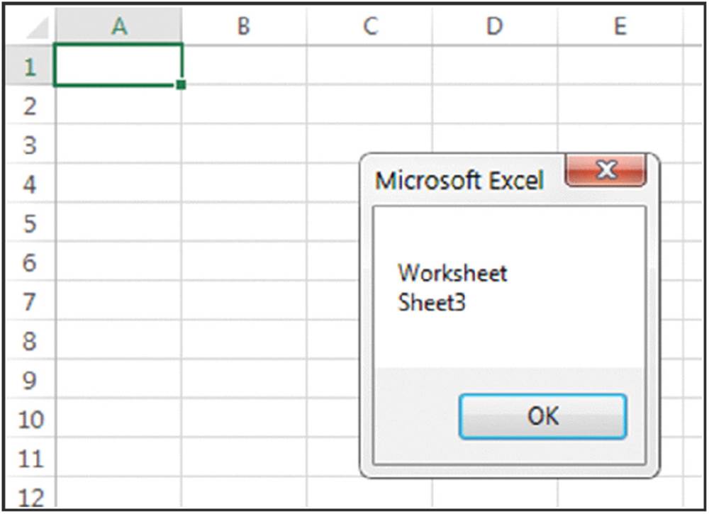 Screenshot shows a spreadsheet with first cell selected along with a message box with content worksheet sheet3 and OK button.