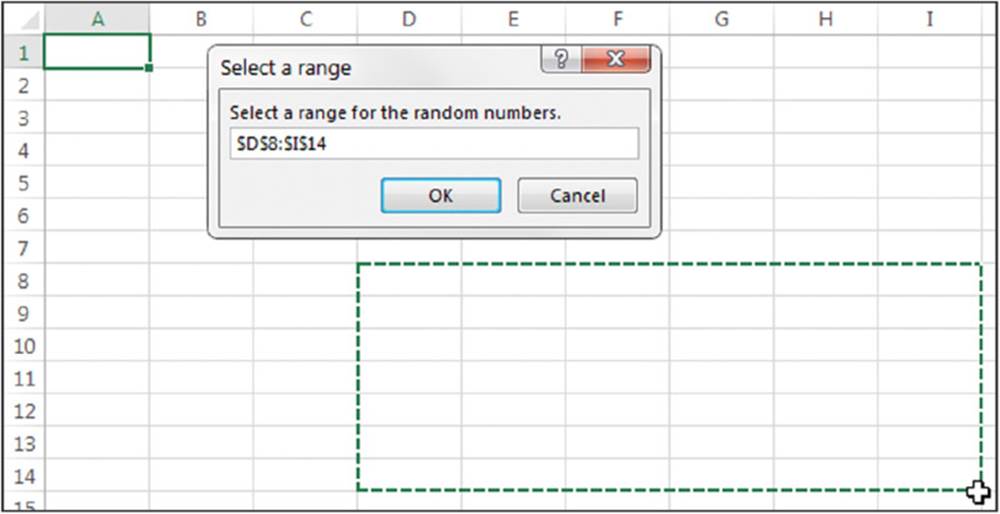 Screenshot shows a spreadsheet with first cell and a rectangular area on bottom right are selected and a message box with command select a range for the random numbers, textfield to enter number, OK and cancel buttons.