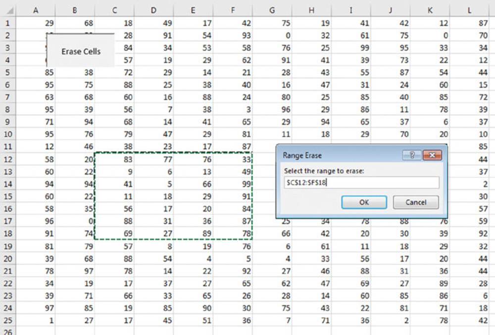 Screenshot shows data's entered on an excel sheet with a Range Erase box selecting the range to erase and chooses OK button.
