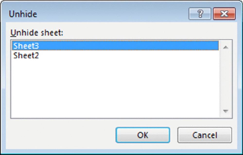 Screenshot shows a dialog box selecting Sheet3 under Unhide sheet category and chooses OK button.