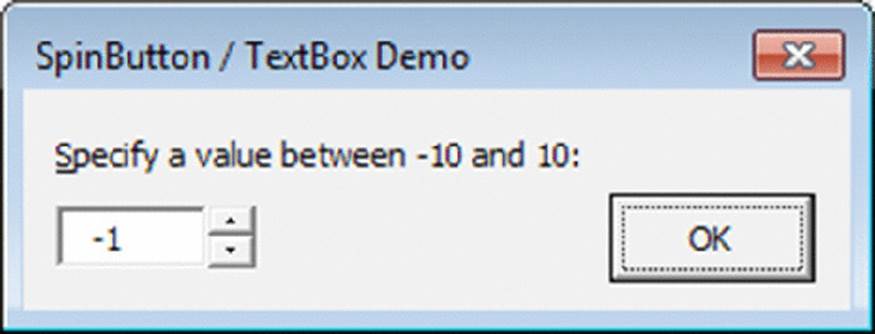 Screenshot shows SpinButton or TextBox Demo window selecting minus 1 when asked for a value between minus 10 and 10. Finally, OK button is chosen.