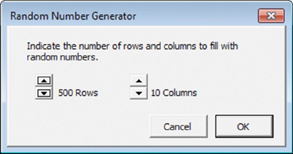 Screenshot shows Random Number Generator window selecting 500 rows, 10 columns and OK button.