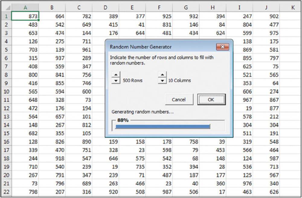 Screenshot shows an excel with a pop window random number generator with spin button to increment and decrement the number of rows and columns.
