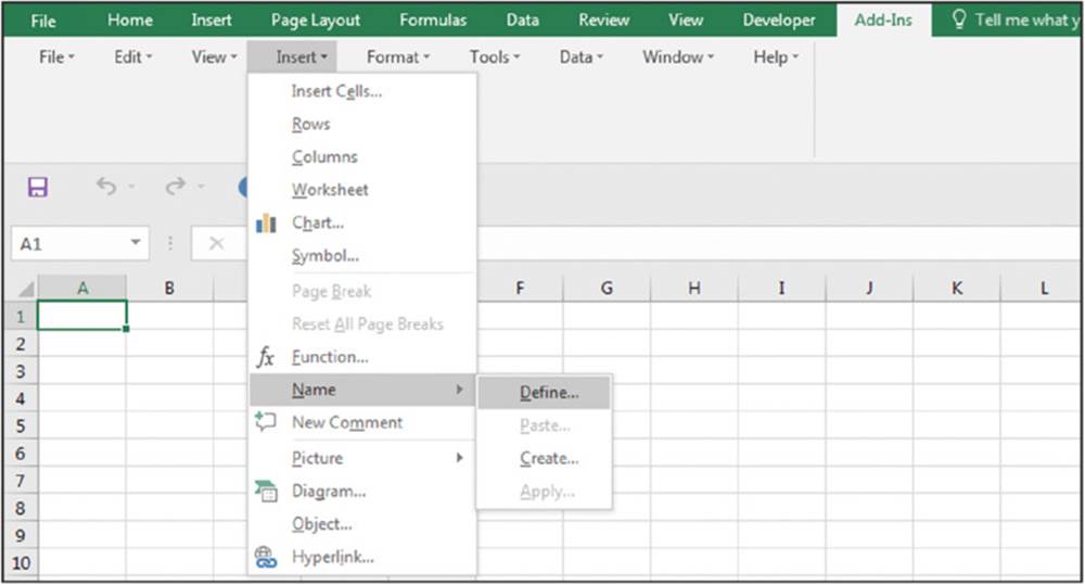 Screenshot shows an excel where the options under the dropdown of insert is listed. The name option with sub options define, paste, create and apply is selected.