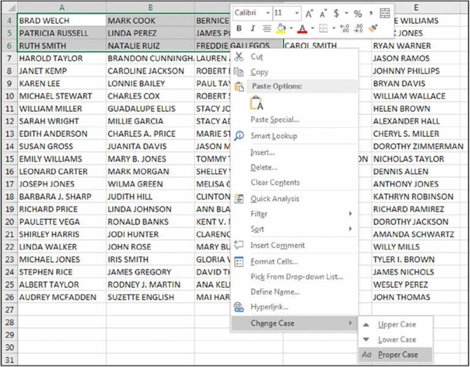 Screenshot shows the options listing on right clicking on a set of selected cells in an excel. The change case option listing upper case, lower case and proper case is highlighted.