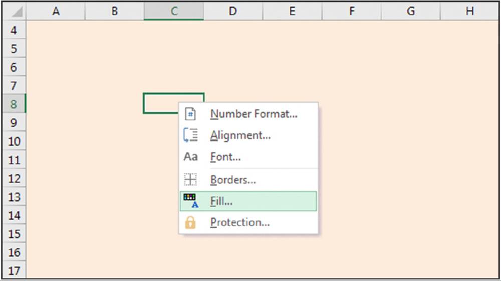 Screenshot shows the options listing on right clicking on a shaded area in an excel sheet; number format, alignment, font, borders, fill and protection.