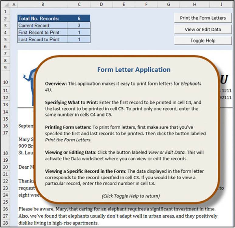 Screenshot shows an excel with a form letter application listing details of overview, specifying what to print, printing from letters, viewing or editing data and viewing a specific record in the form.