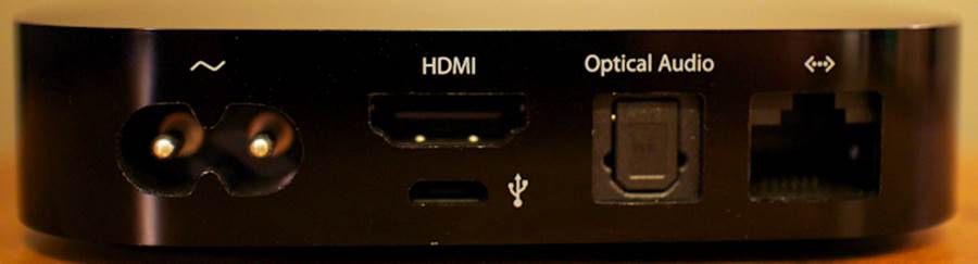 **Figure 1:** The ports on the back of your Apple TV, from left to right: Power, HDMI, Micro USB, Optical Audio, and Ethernet.