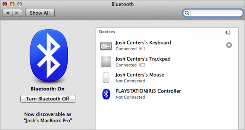 **Figure 4:** From the Bluetooth preference pane, move your pointer over the listing for your keyboard, then click the x  that pops up.