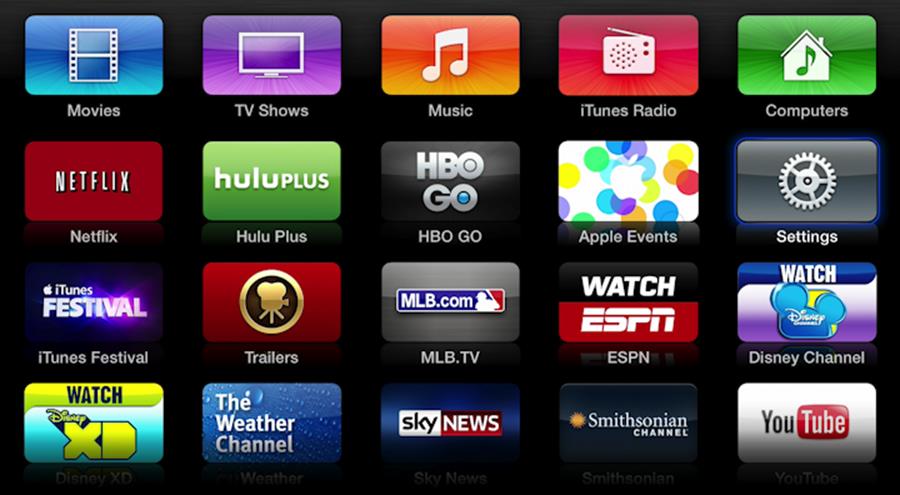 **Figure 7:** To adjust to the Apple TV after initial setup, explore the Settings app in the main menu. In the above image, Settings is in the right column, second item down, with a faint blue selection outline.