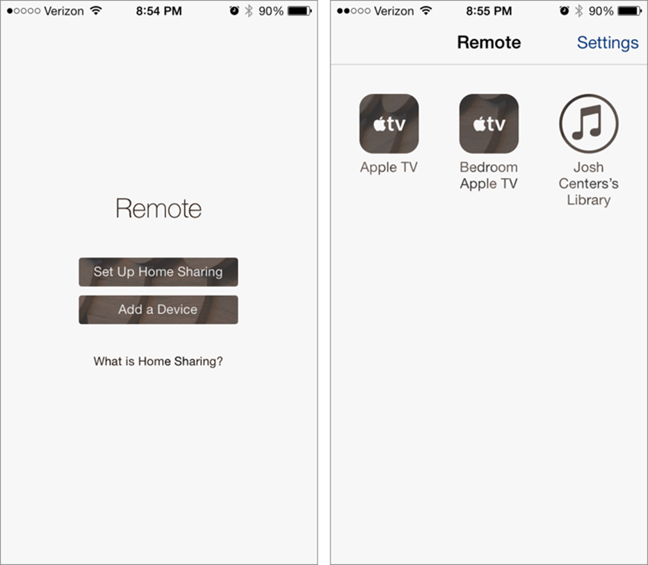 **Figure 11:** Apple’s Remote app works via iTunes Home Sharing and lets you control multiple Apple TVs and Mac-based iTunes libraries.
