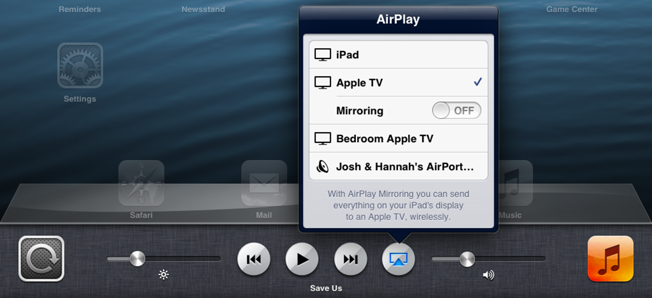 **Figure 23:** To activate AirPlay in iOS 6, bring up the multitasking bar and swipe it to the right to reveal the AirPlay button.