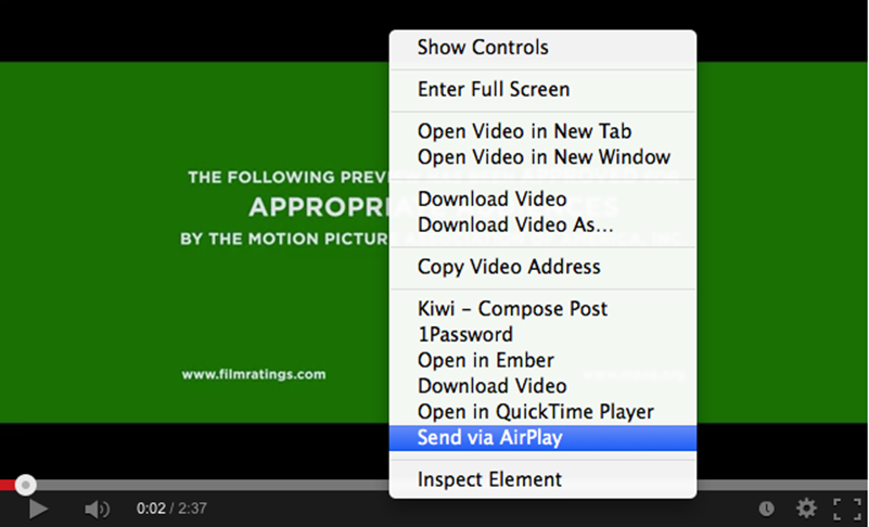 **Figure 27:** Once Media Center is configured, you can AirPlay any HTML5 video with a couple of clicks.