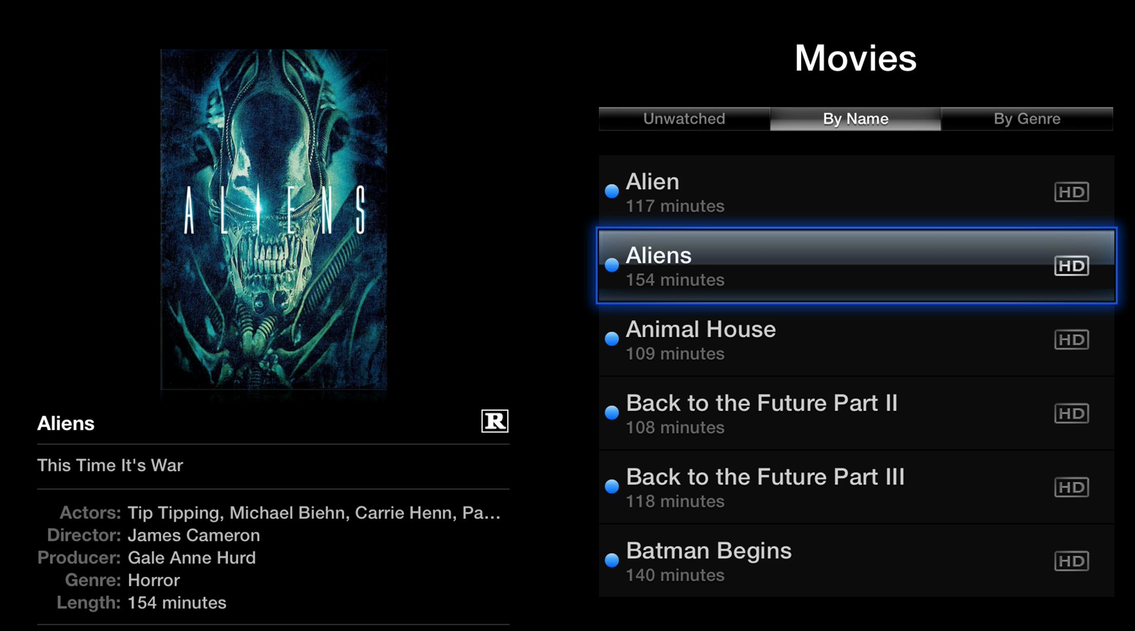 **Figure 39:** You can access all the movies in your iTunes library from the Apple TV, and sort them by name or genre, or by what you haven’t watched yet.