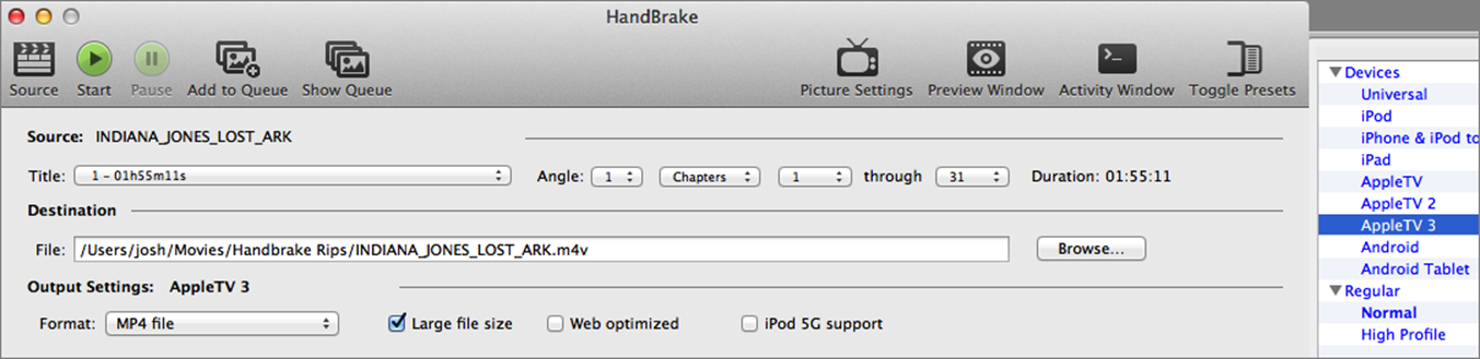 **Figure 40:** To start ripping a DVD in HandBrake, click Source at the left of the toolbar, and choose your DVD. Be sure to select the Apple TV 3 preset from the drawer at the far right, and then click Start.