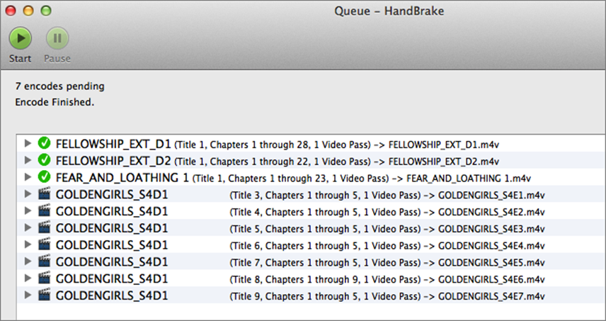 **Figure 46:** The HandBrake queue lets you encode multiple TV episodes from the same disc.