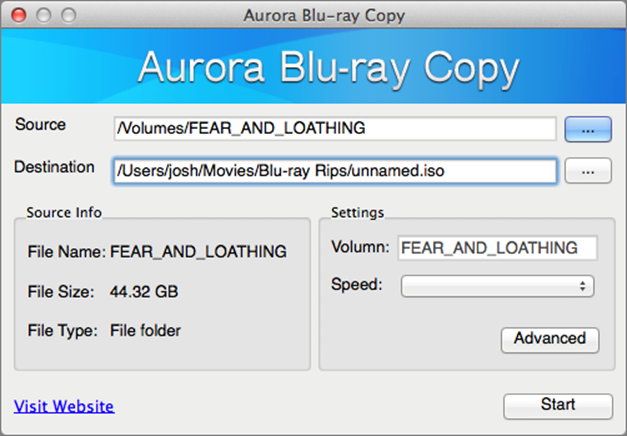 **Figure 48:** Aurora Blu-ray Copy is simple enough to use—just select the source disc and a destination file, and click Start.