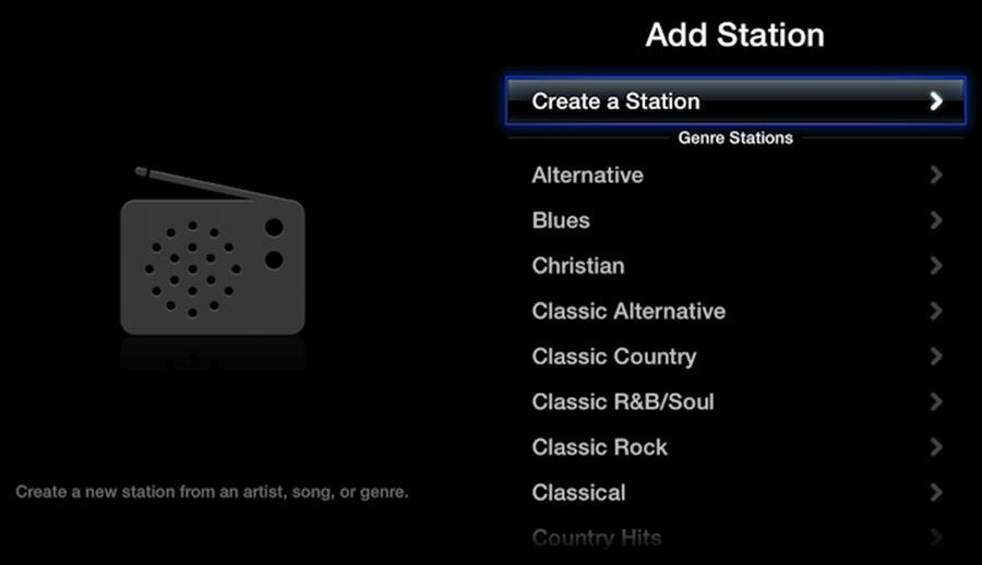 **Figure 63:** In iTunes Radio, you can select a preset station or create a custom station by searching for an artist, song, or genre.