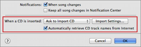 **Figure 67:** From the iTunes preferences, you can set what iTunes will do when you insert a CD into your computer’s optical drive.