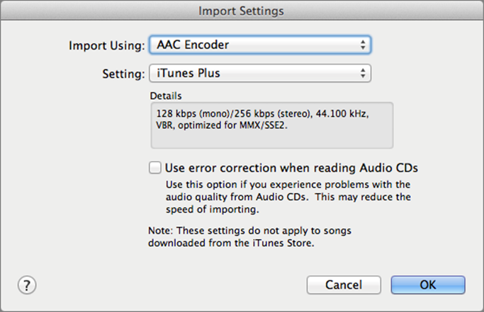 **Figure 68:** In the Import Settings dialog, you can set the quality you want to rip your CDs at.