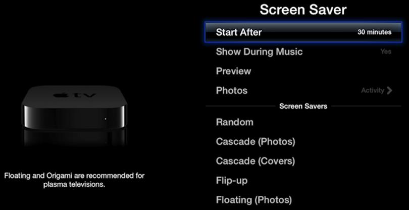 **Figure 84:** Look for screen saver options in Settings > Screen Saver.