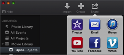 **Figure 87:** To send a project to iMovie Theater from the Mac, select it, click the Share button, and then click Theater.