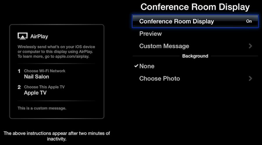 **Figure 94:** To enable Conference Room Display, open Settings from the main menu, choose AirPlay > Conference Room Display, and select Conference Room Display.