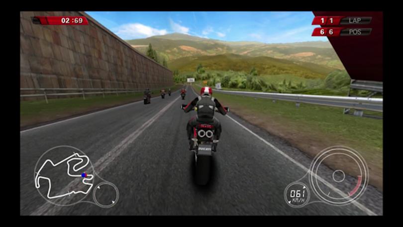 **Figure 100:** In the Ducati Challenge motorcycle racing game, you steer the action with your iOS device.