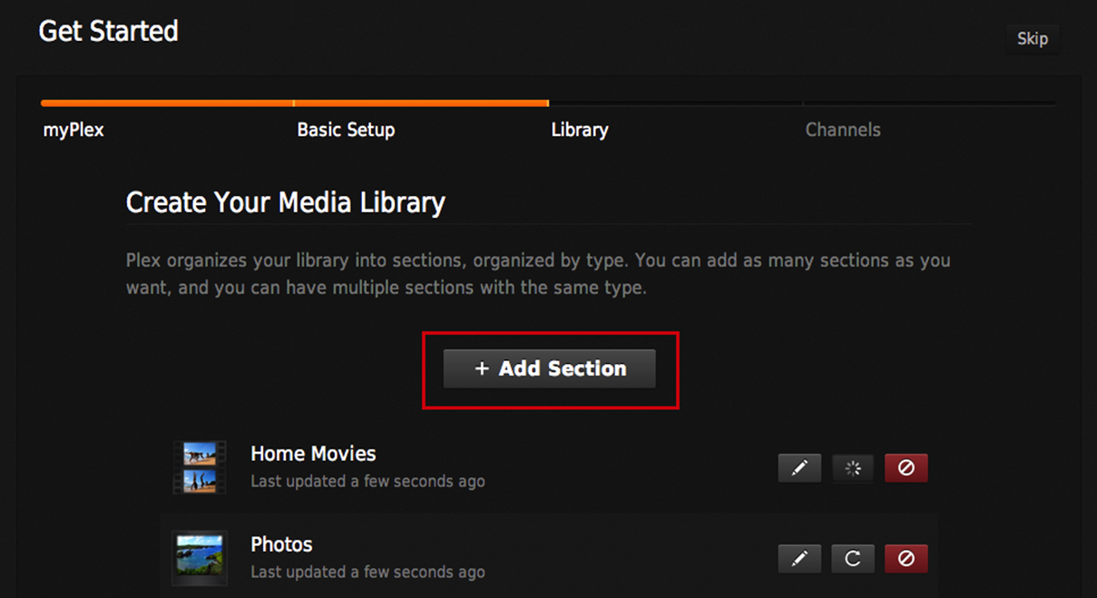 **Figure 109:** During the Plex Media Server setup, click the Add Section button (outlined in red) to add a new section of media. Sections you’ve already added are listed beneath the button.