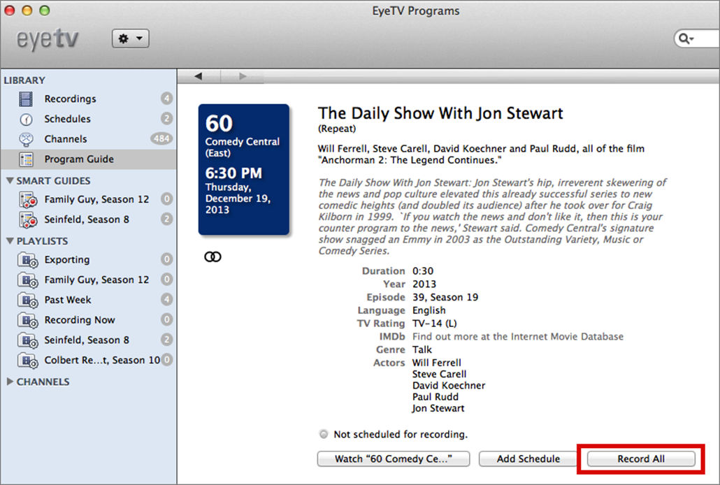 **Figure 123:** To record all episodes in a season of a show, double click it in the Program Guide and click the Record All button.