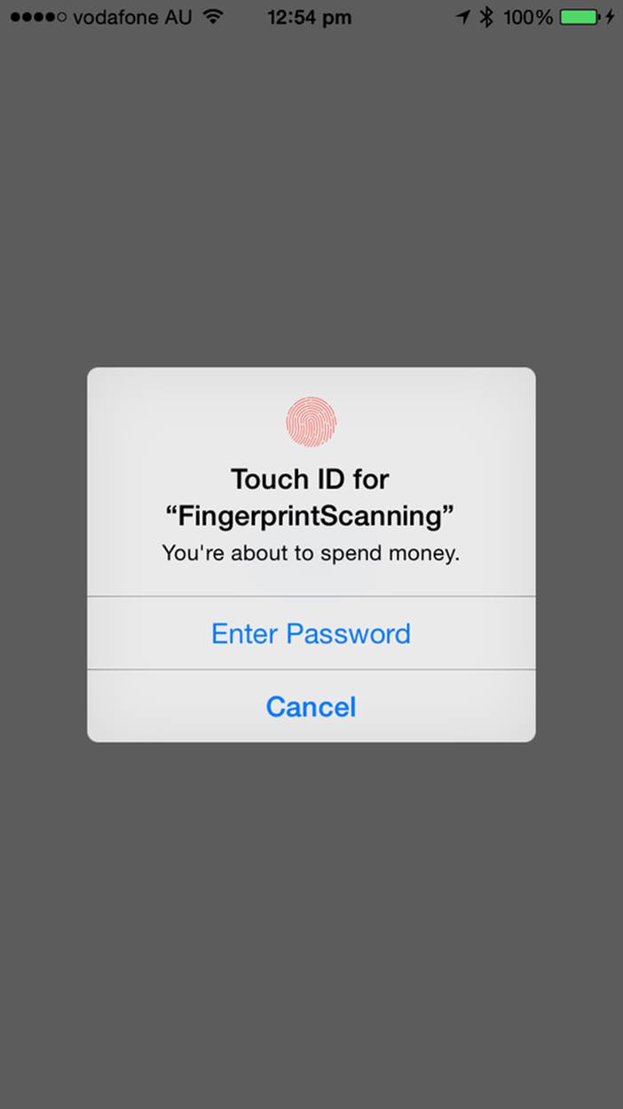 The Touch ID window, which is presented when you call evaluatePolicy; the user may either scan her fingerprint, enter a password, or cancel