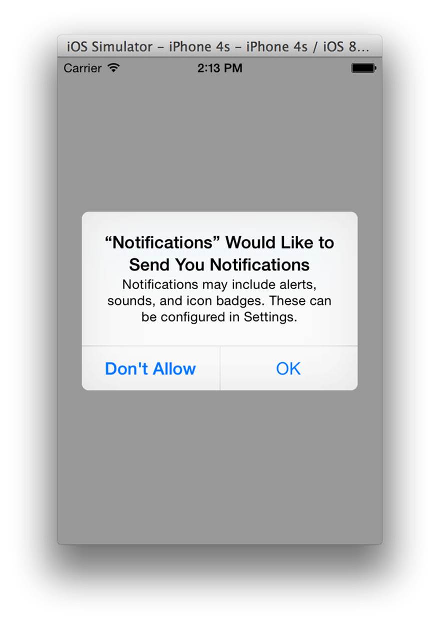 When your app registers for notifications, iOS displays this alert to ask for the user’s permission