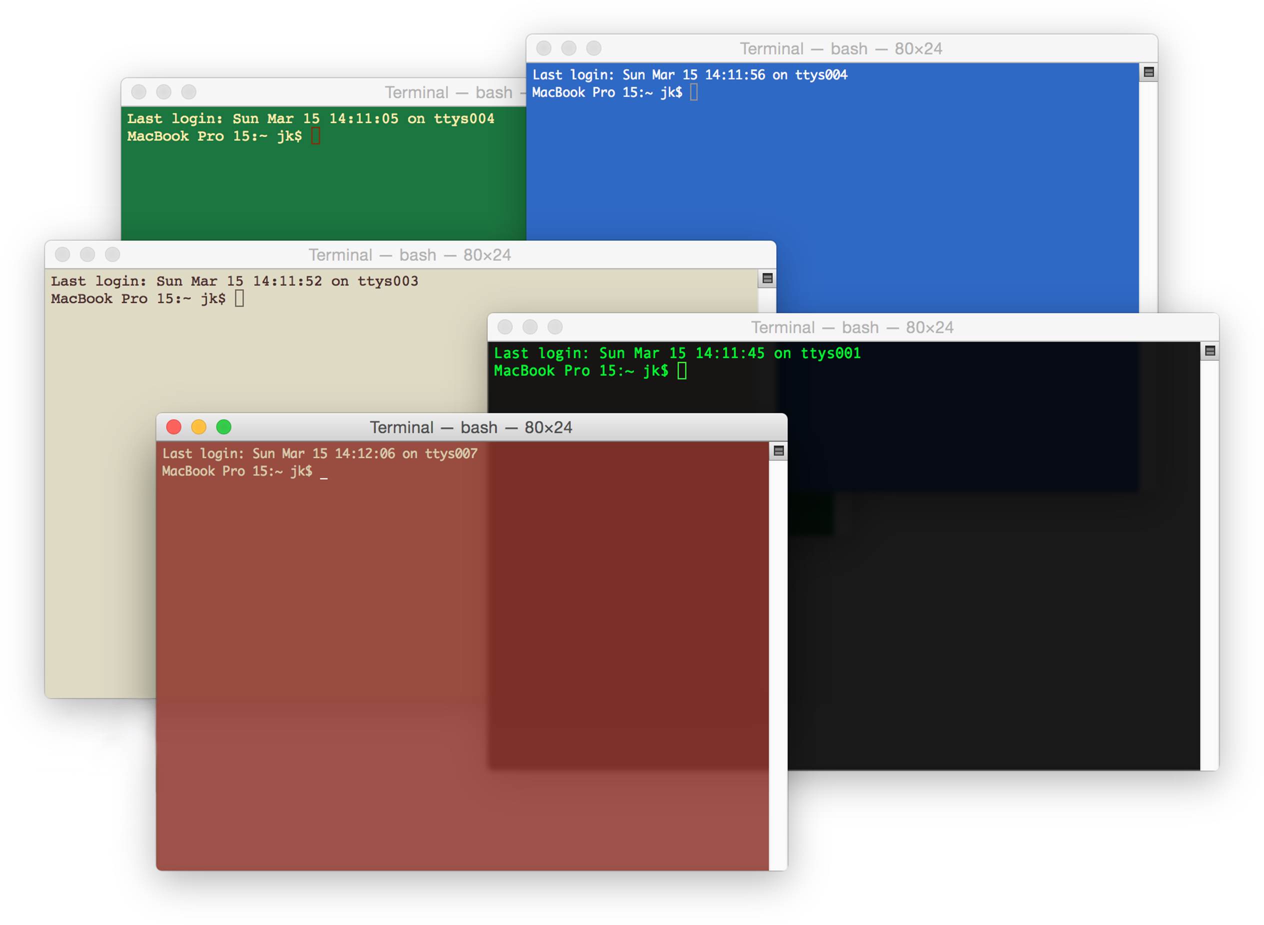 **Figure 3:** Terminal windows can take on many themes; this image shows several of the stock themes. (The exact appearance depends on which version of Mac OS X you’re running.)