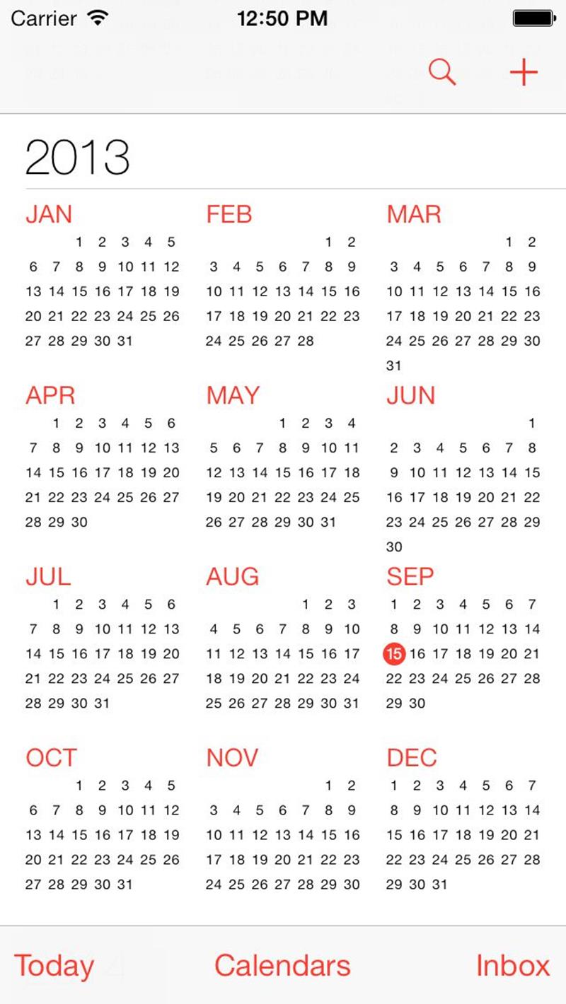 The Year view in iOS 7's Calendar app