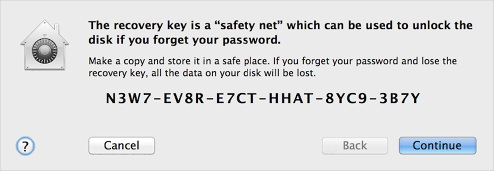 **Figure 3:** Apple generates a random recovery key for you. Be sure to record it in a safe place! (Note: This is not my real recovery key!)