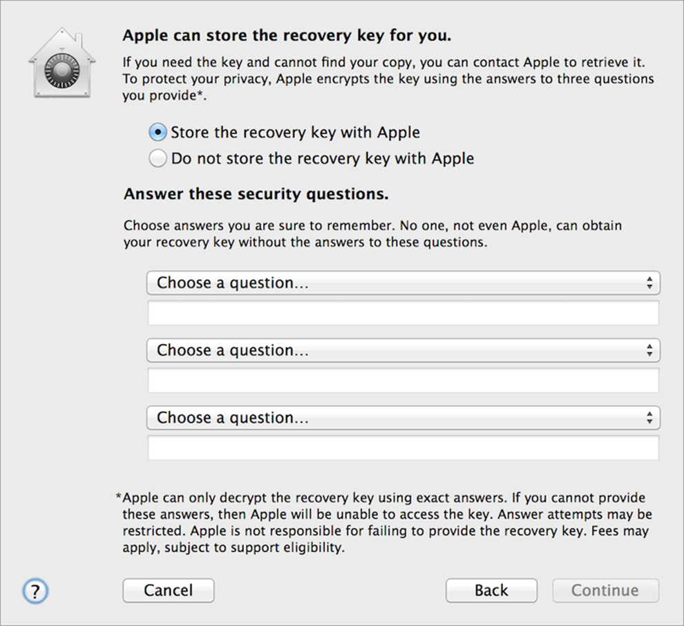 **Figure 5:** If you choose Store the Recovery Key with Apple, you must choose three security questions and enter their answers.