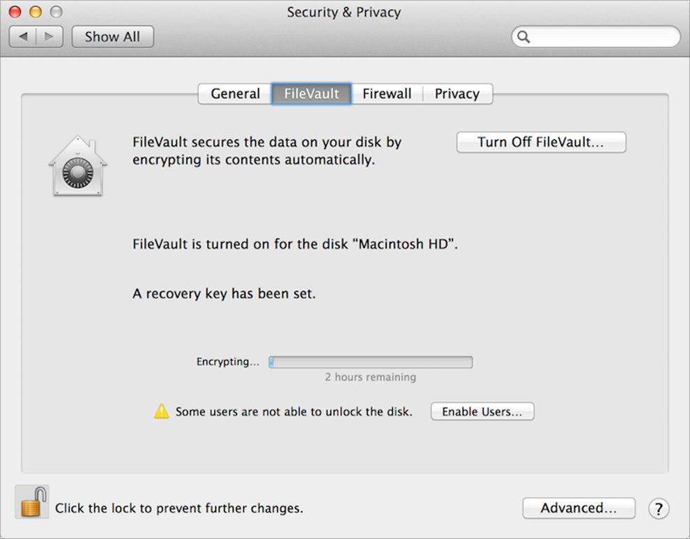 **Figure 9:** If you open System Preferences > Security & Privacy > FileVault after turning on encryption, a progress bar at the bottom tells you how long until the volume is completely encrypted.