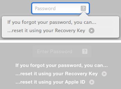 **Figure 12:** Third time’s a charm: Try your recovery key or Apple ID instead. This shows the recovery prompt as it appears in Mavericks (top) and Yosemite (bottom).