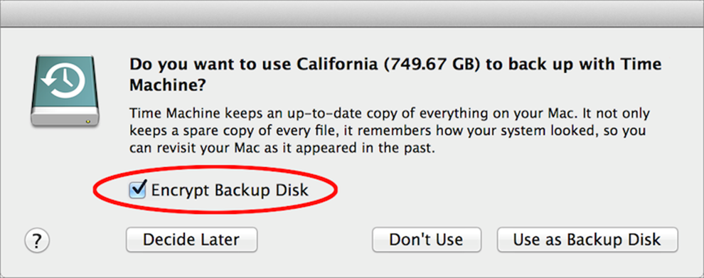 **Figure 18:** You can turn on Time Machine backups in this dialog and add encryption with one click.