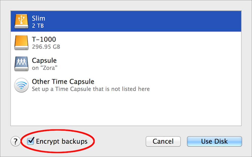 **Figure 20:** After selecting your Time Machine destination volume, select Encrypt Backups to encrypt them.