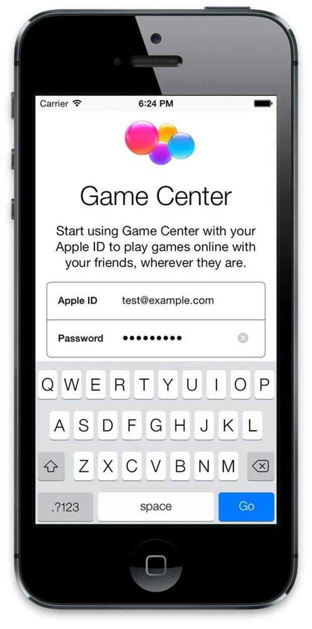 The Game center application in the iOS Simulator