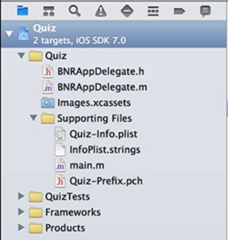 Quiz application’s files in the project navigator