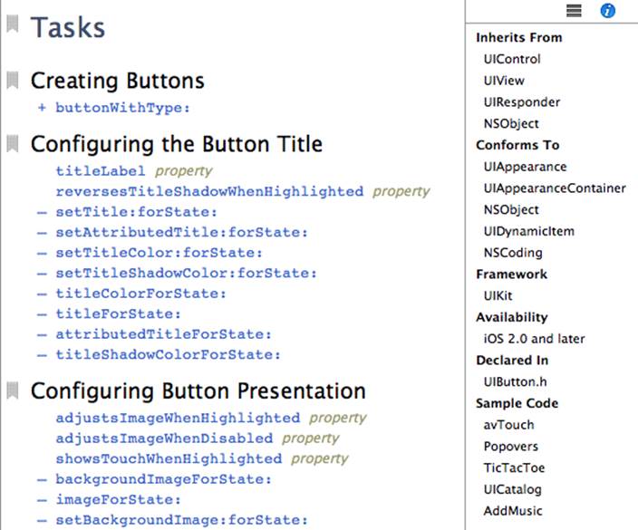 The start of the UIButton class documentation page