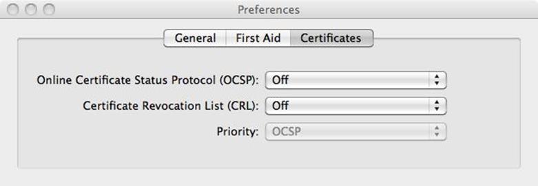 The Certificates tab of the Keychain Access application’s Preferences pane