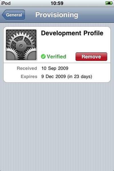 The development provisioning profile installed on my iPod touch