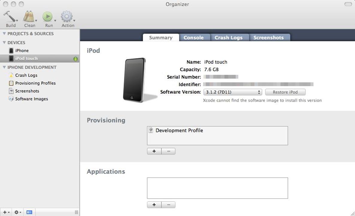 The Xcode Organizer window showing my iPod touch ready for development with my development provisioning profile installed