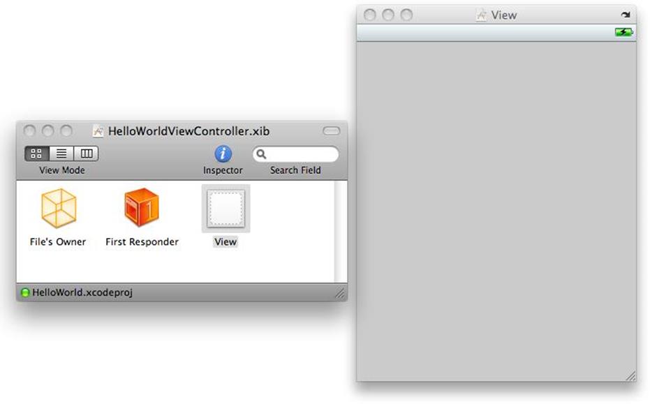 The basic HelloWorldViewController.xib in Interface Builder