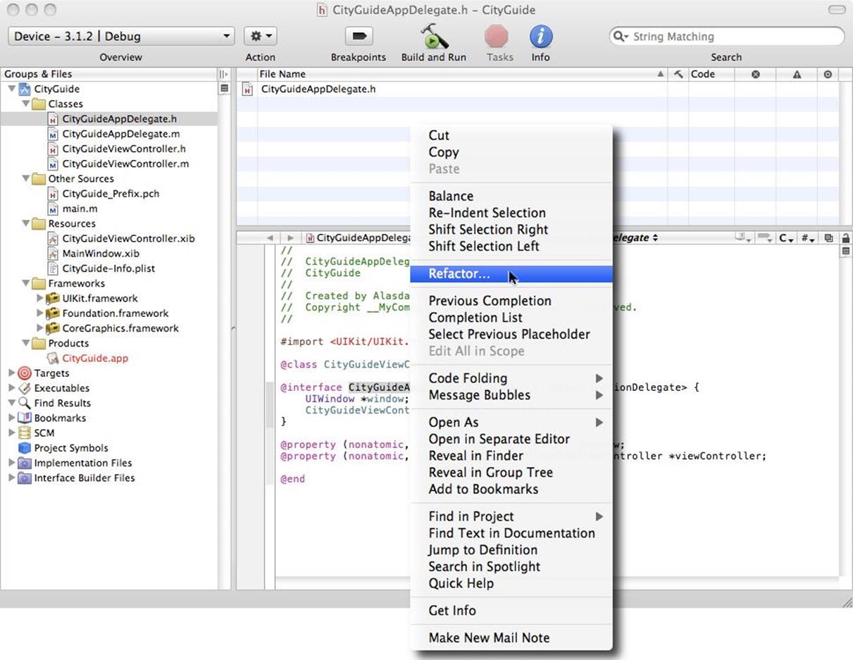 Select the class name, right-click, and select Refactor to access Xcode’s intelligent refactoring tool